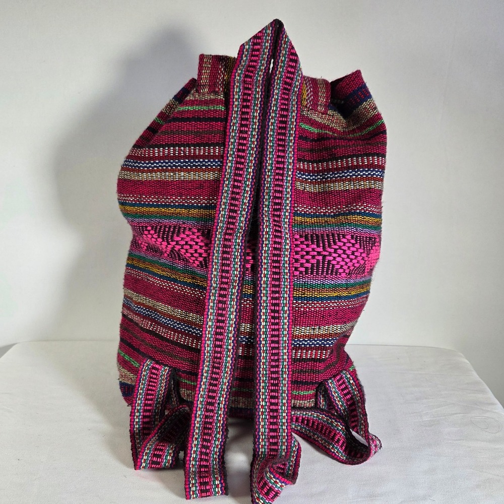 Artesanias MR Pinzon Woven Boho Backpack Pink Multi Stripe Drawstring Bag - Picture 2 of 7